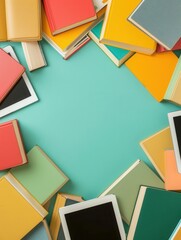 Aufkleber - An assortment of colorful textbooks and tablets surround an empty space on a teal background, symbolizing modern digital learning. Generative AI