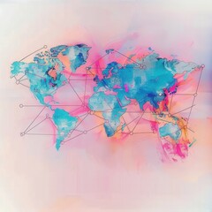 Aufkleber - A minimalist watercolor world map with connected routes, showcasing global travel and connectivity. Perfect for travel agencies and booking services. Generative AI