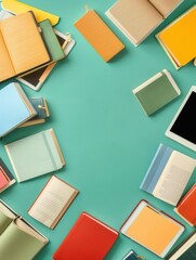 Poster - A flat lay of various tablets and e-readers arranged around a green background, showcasing digital learning resources and materials. Generative AI