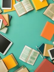 Aufkleber - A flat lay of digital textbooks and tablets on a teal background showcasing modern e-learning. Generative AI