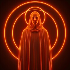 Wall Mural - Woman in a robe with a glowing neon halo.