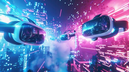Poster - VR headsets flying through a digital world, conveying a sense of immersion. Generative AI