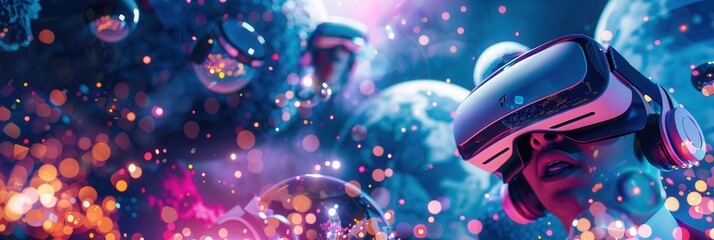 Poster - A person wearing a VR headset is immersed in a vibrant digital world. The image highlights the immersive potential of VR technology. Generative AI