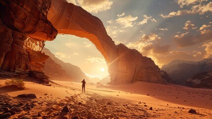 Man standing in the middle of a desert near a rock arch with the sun shining through the arch in the distance, with a mountain in the background