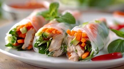 Poster - A plate of crispy and flavorful spring rolls with a filling of wild greens and tender chicken all neatly wrapped up in a crisp and light rice paper wrapper.