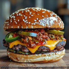 chili cheeseburger with a beef patty, chili con carne, cheddar cheese, and jalapenos, on a sesame se