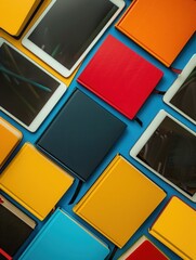 Aufkleber - A flat lay showcasing tablets and e-readers displaying educational content on a vibrant blue background. Generative AI