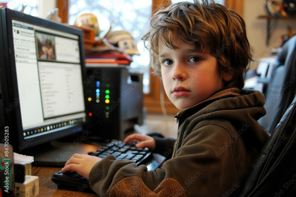 Young boy concentrating while using a desktop computer at home Stock ...