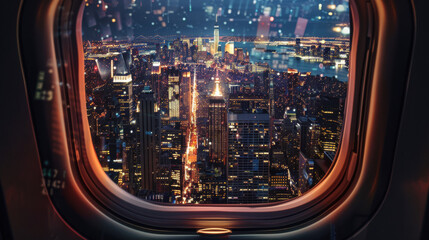 Wall Mural - an airplane window, capturing a bustling cityscape at night