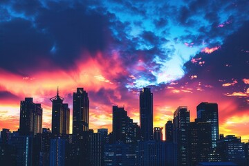 Fototapete - A breathtaking cityscape at sunset, with skyscrapers silhouetted against a vibrant, colorful sky. This image is perfect for real estate and urban development businesses. Generative AI
