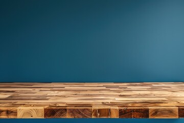 Wall Mural - Minimal empty natural wood table top, counter top. Brown tabletop with copy space for product advertising mockup, blue wall, kitchen interior details