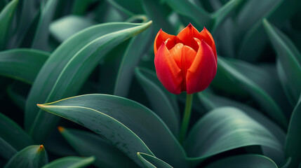 Canvas Print - Vibrant Red Tulip Bloom Amidst Lush Green Foliage in a Serene Garden Setting