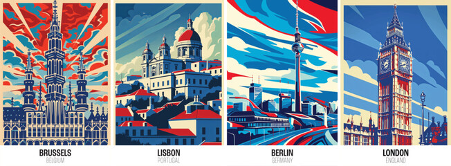 Wall Mural - Set of european city posters including brussels lisbon berlin london