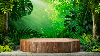  Background podium jungle product platform 3D green wood display pedestal. Background podium jungle tree nature leaf tropical cosmetic summer forest plant garden stage water presentation stone table. 