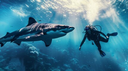 A diver, equipped with scuba gear, gracefully maneuvers away from a massive Great White shark as sunlight streams through the clear blue water