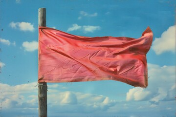 Red warning flag is waving on blue sky with clouds on sunny day