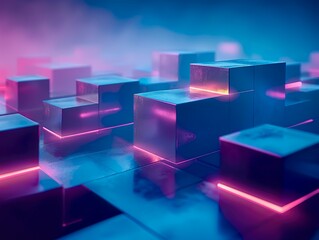 Wall Mural - Abstract digital artwork showing glowing 3D blocks on a dark blue background