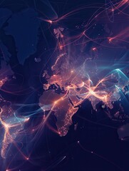 Poster - A minimalist illustration of a world map with glowing lines highlighting popular travel routes. Generative AI