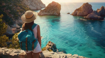 Wall Mural - a woman wearing a straw hat and a blue backpack, standing on an ancient stone wall, gazing at a beautiful coastal view