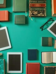 Aufkleber - A flat lay image of tablets and various books on a teal background, representing the blend of traditional and digital learning methods. Generative AI