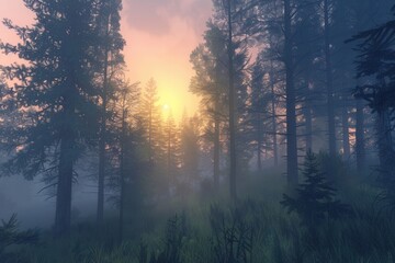Aufkleber - A peaceful forest scene at dawn, with sunlight filtering through the trees and mist creating a dreamy atmosphere. Generative AI