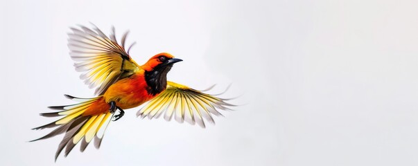 Wall Mural - Brightly colored bird in flight on a white background