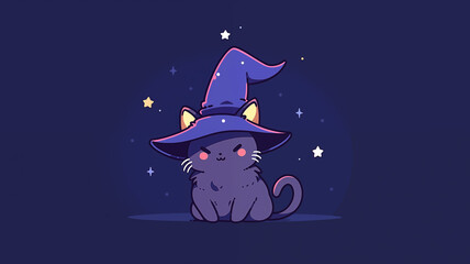 Wall Mural - Hand drawn cartoon illustration of a cat wearing a wizard hat
