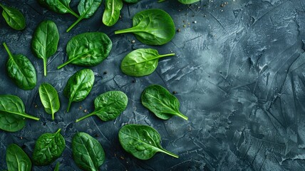 Poster - Fresh spinach leaves scattered on dark, textured surface