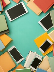 Aufkleber - Digital devices, including tablets and e-readers, are arranged around a teal background, showcasing the modern landscape of digital learning. Generative AI