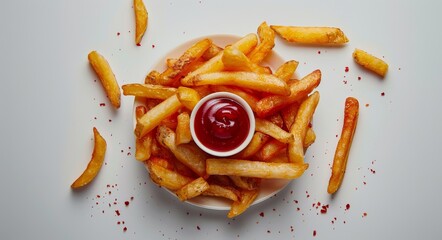 Canvas Print - Crispy French Fries With Ketchup on White Background