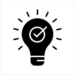 Wall Mural - black bulb with checkmark like quick tip icon, flat stroke linear simple trend modern efficiency logotype design element isolated on white background.