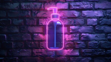 Wall Mural - Cosmetic bottle neon icon on brick wall background