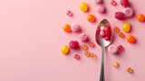 Creative summer vitamin minimal background with a spoon and candy sweets