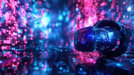 Wall Mural - A futuristic VR headset lies on a digital surface, surrounded by glowing lights and a vibrant digital world, showcasing the immersive potential of virtual reality. Generative AI