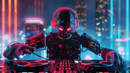 three dimension render of robot with headphones and disc jockey music neon lights on music table. Digital illustration for futuristic music festival poster or cover design