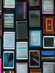 Aufkleber - A close-up image of various tablets and e-readers displaying educational materials, showcasing the evolution of digital learning. Generative AI