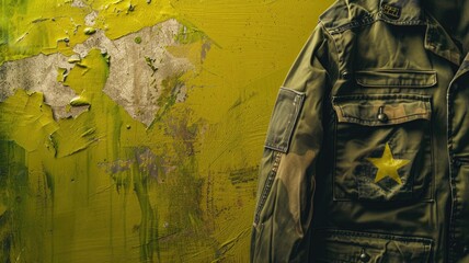Wall Mural - Military-style jacket with star beside textured wall