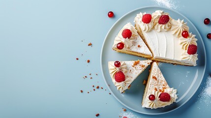 Delicious cake cut into pieces on blue background