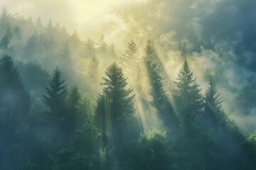 Aufkleber - A breathtaking image of a forest at dawn, bathed in the golden light of the rising sun. Mist swirls around the tall trees, creating a magical and serene atmosphere. Generative AI