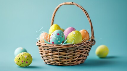 Easter eggs in a basket on a blue background