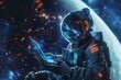 © Bijac - astronaut floating in zero gravity working on holographic laptop starry space background earth visible in distance futuristic spacesuit with glowing accents
