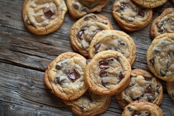 Wall Mural - artisanal chocolate chip cookies arranged on a rustic wooden surface closeup view highlighting gooey chocolate and goldenbrown edges