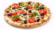 © Studicon - Delicious veggie pizza with champignon mushrooms, isolated against a plain white background.
