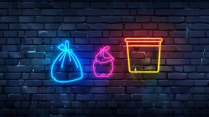 Wall Mural - Glowing neon line Trash can and garbage bag icon isolated on brick wall background