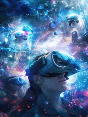 Poster - A futuristic illustration featuring individuals immersed in virtual reality, showcasing the transformative potential of VR and AR technologies. Generative AI