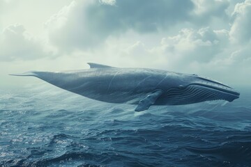 Blue whale is leaping out of the water on a cloudy day