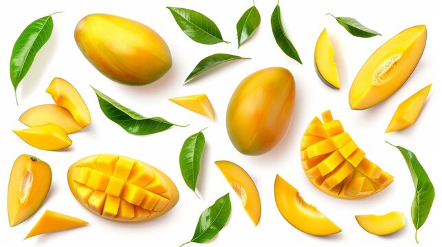 Fresh mangoes and mango slices with green leaves isolated on white background, top view. Tropical fruit concept
