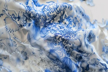 Wall Mural - Flowing blue and white floral fabric with traditional russian gzhel pattern is crumpled on the table