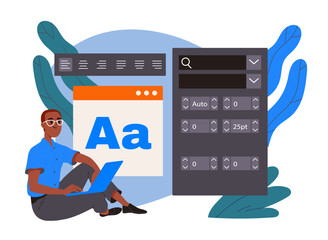 a man choosing a font. graphic designer or freelancer developing website template or application. cr