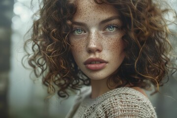 ethereal portrait of nordic woman piercing green eyes wild curly hair freckled skin soft natural lighting misty forest background